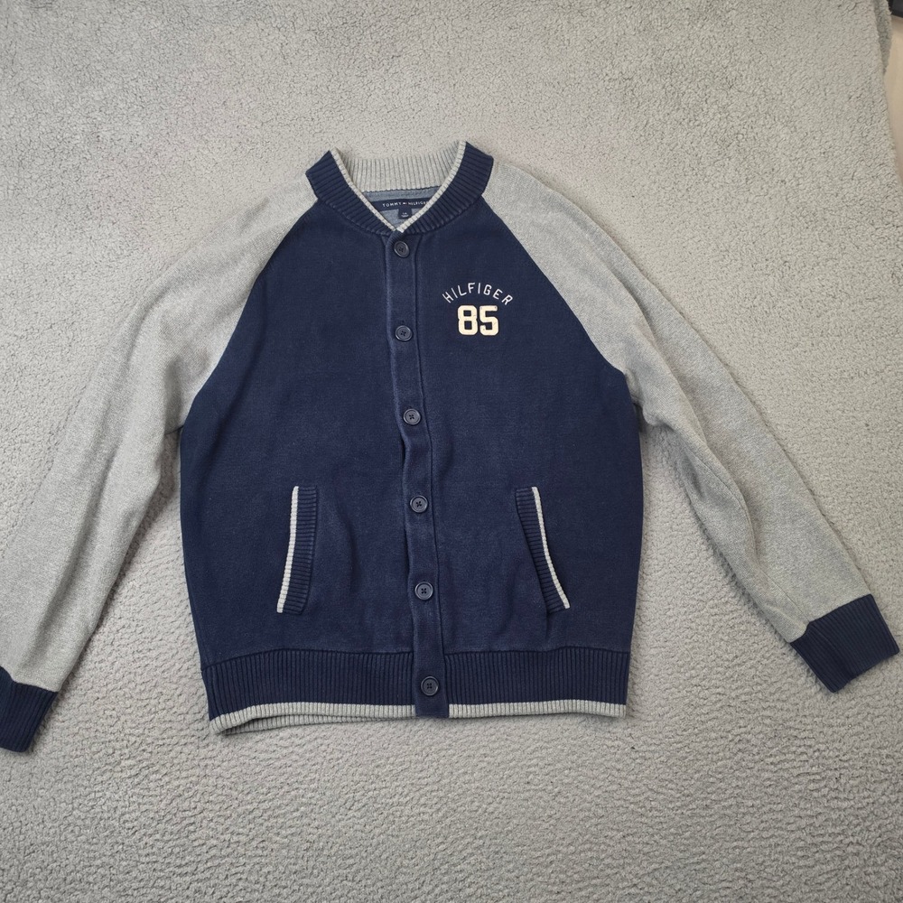 Tommy Hilfiger Mens Large Varsity Cardigan Sweater Navy Blue Gray Hilfiger 85